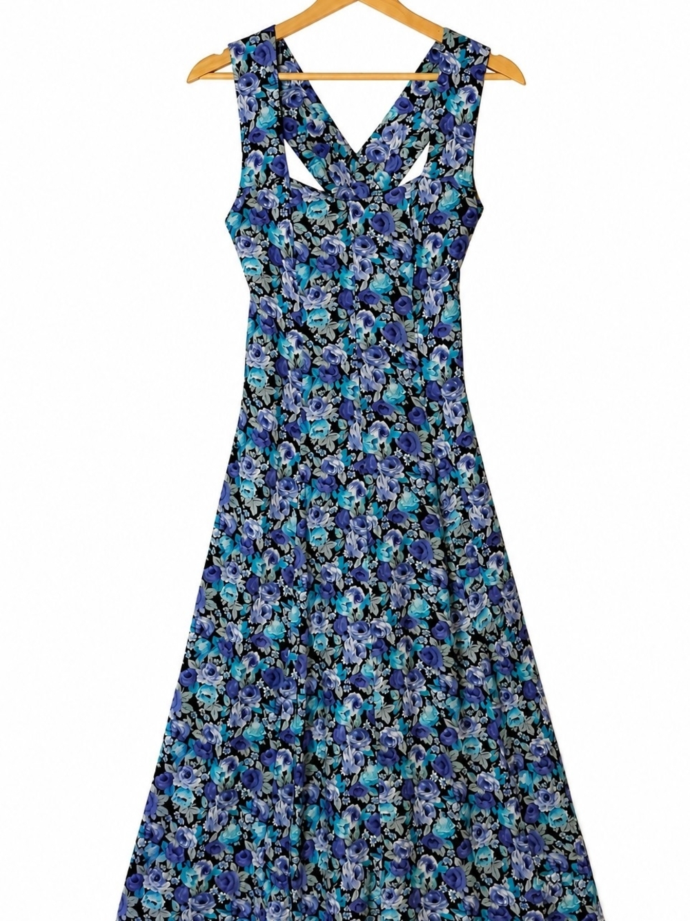 Blue Floral Maxi Dress with Crossback Straps